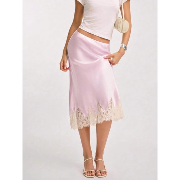 Women Y2K Lace‑Trim Satin Midi Skirt, Elastic‑Waist Silky A‑Line Long Half‑Slip Skirt Party Going‑Out Bottom