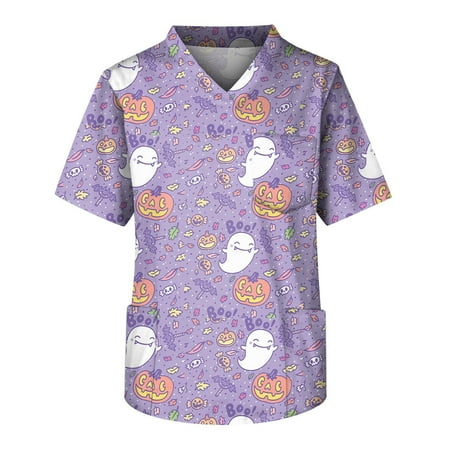 

Umitay Scrubs Fashion Men s Short Sleeve V Neck Halloween Printing Working Chest Pocket Carer Top