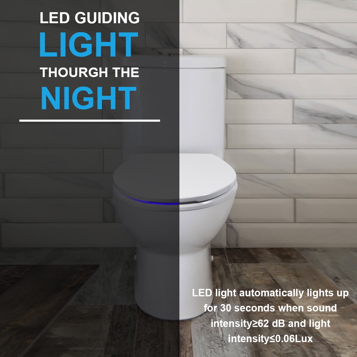 Lighting Elongated Toilet Seat White Nice Slow Close LED Light Battery