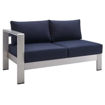 Lounge Loveseat Sofa, Sunbrella, Fabric, Aluminum, Metal, Steel, Silver Blue Navy, Modern Contemporary Urban Design, Outdoor Patio Balcony Cafe Bistro Garden Furniture Hotel Hospitality