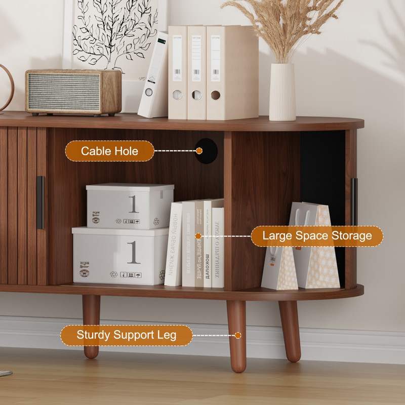 Mid-Century Modern TV Stand, Media Console with 4 Storage Compartments & Sliding Doors,Entertainment Center for TVs up to 65 Inch,Wood Adjustable Shelves for Living Room,Bedroom