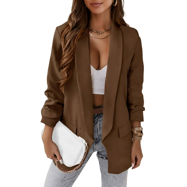 Blazer PRETTYGARDEN para mujer 2024, con frente abierto, frente abierto, color café, XXL
