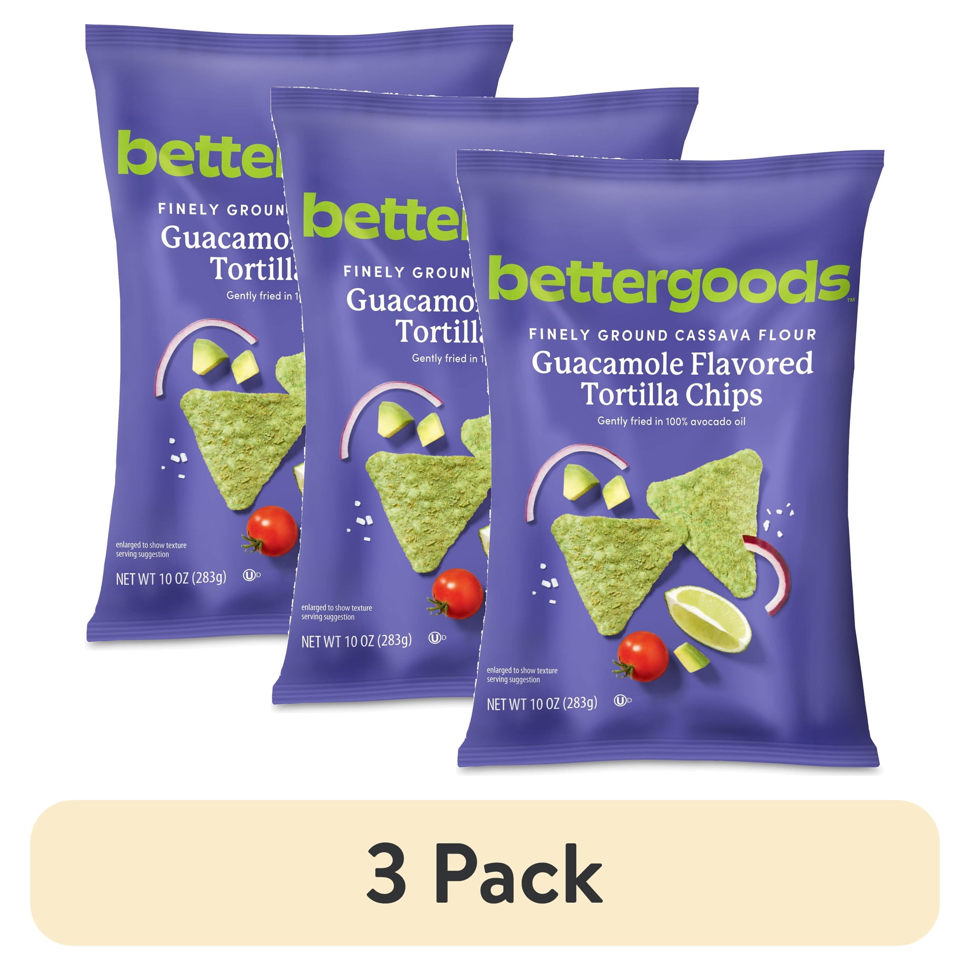 (3 pack) bettergoods Finely Ground Cassava Flour Guacamole Flavored Tortilla Chips, 10 oz