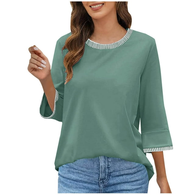Amzcrzy Hauts pour Femmes Tendance Couleur Unie Tricot Printemps Été Hauts pour Femmes Décontracté Chic Manches 3/4 Col Rond Tee Hauts Confortables Respirants pour Sortir