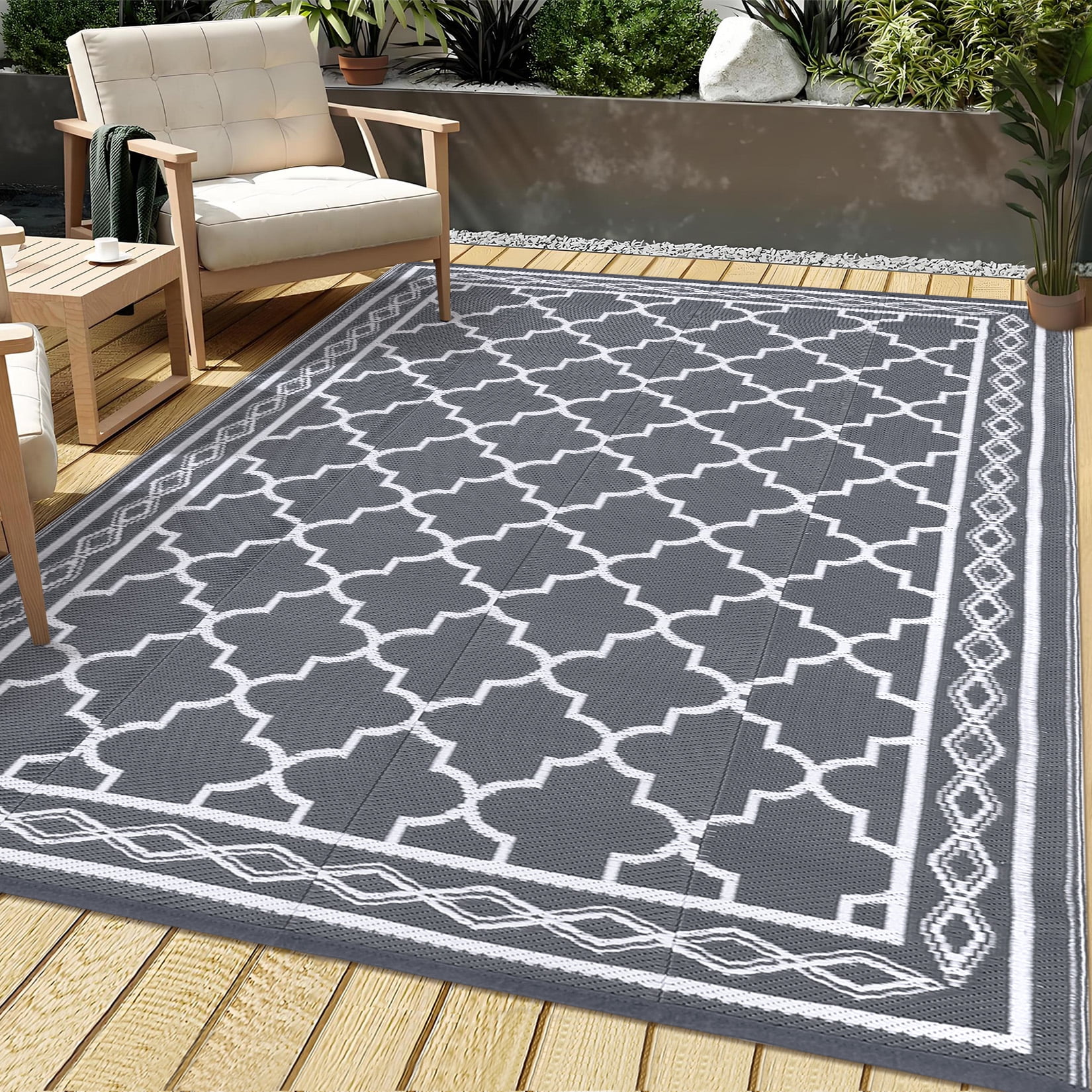 Twister.CK Outdoor Rug 10x14ft Waterproof for Patios, Plastic Straw Rug Camping Carpet Mats for Picnic, Backyard, Deck, Balcony, Porch, Beach, Gray & White