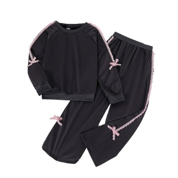 Chbgutlmr Baby Clothes Girls 2 Piece Sweatsuits Sets Kids Crewneck Lace Bow Sweatshirts Wide Leg Sweatpants Outfits