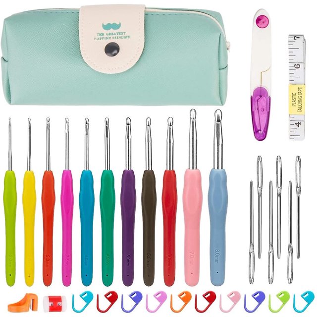 Juego De 11 Agujas De Tejer / Ganchos De Tejer Con Mango De Goma Multicolor, Juego De Ganchos De Tejer Con Accesorios De 19 Piezas, Bolsa Verde Para Artesanía Wea. Afortunado Sencillez