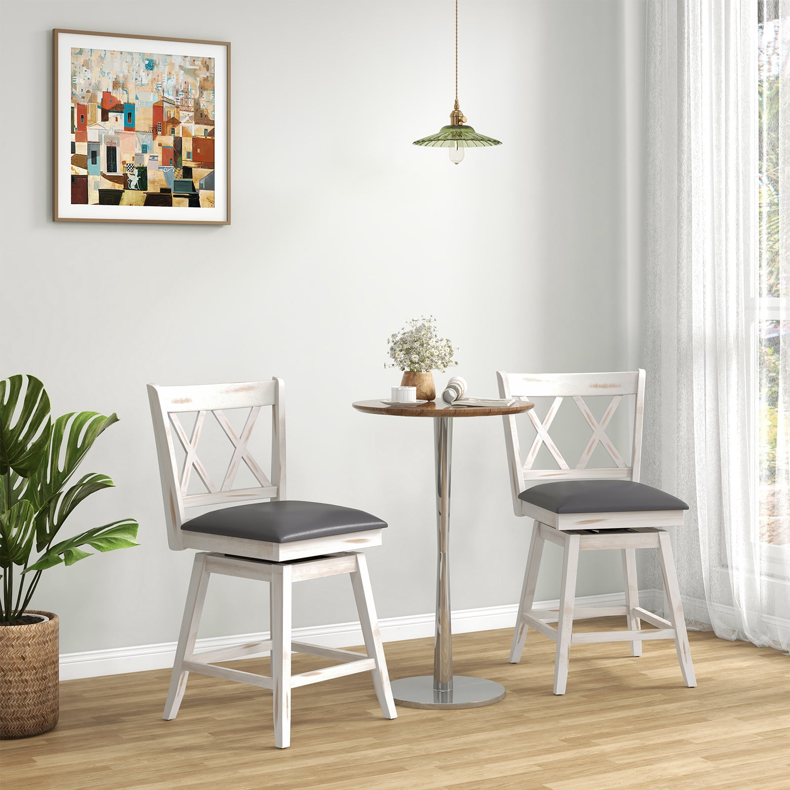 Costway 24" Bar Stools Set of 2 with Ergonomic Backrest Rubber Wood Legs Swivel Height Chairs Antique White, Gray