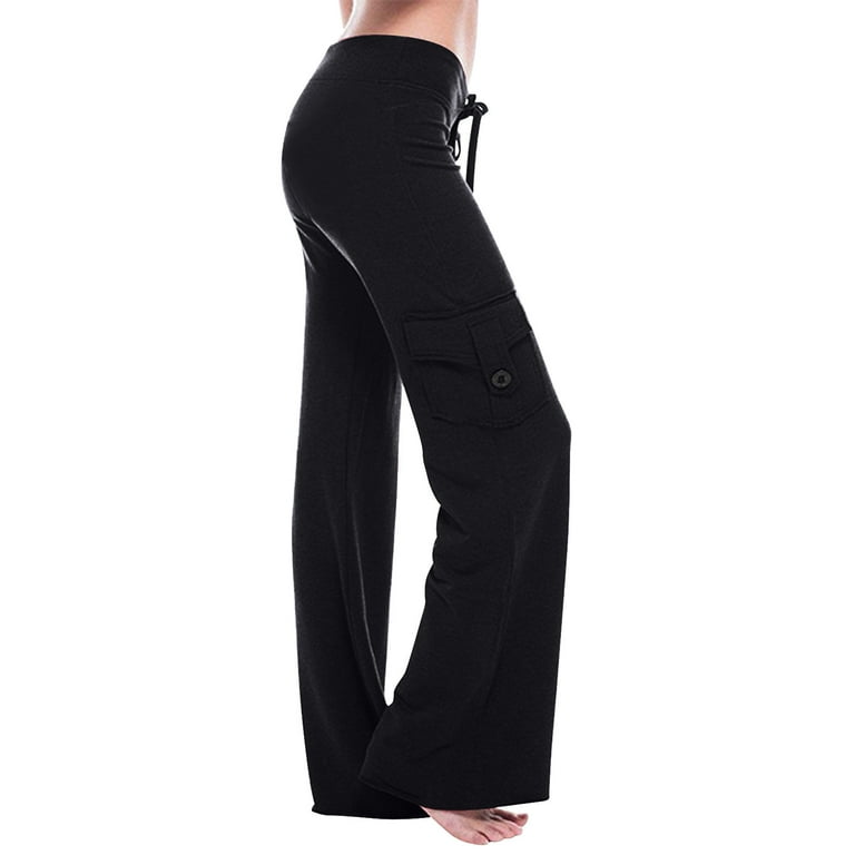 Ladies Wide Leg Yoga Pants for Women with Pockets Stretchy Drawstring High  Waist Flared Leggings Plus Size Sweatpants (X-Large, Black) 