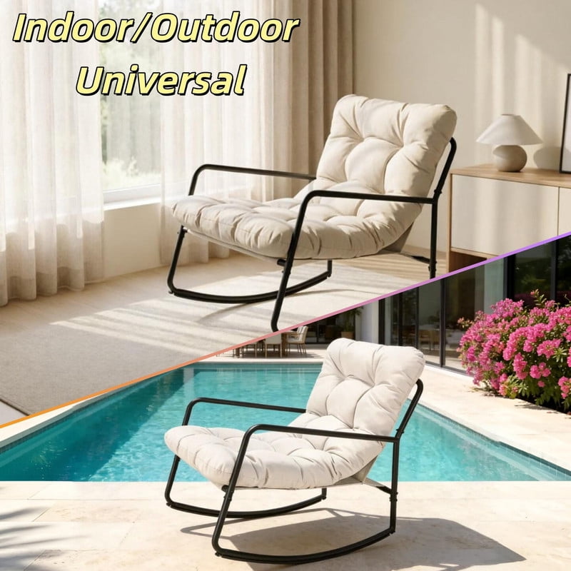 275LBS Capacity Indoor & Outdoor Universal Rocking Chair, Glider Rocking Recliner Chair with Cushion, Accent Armchair