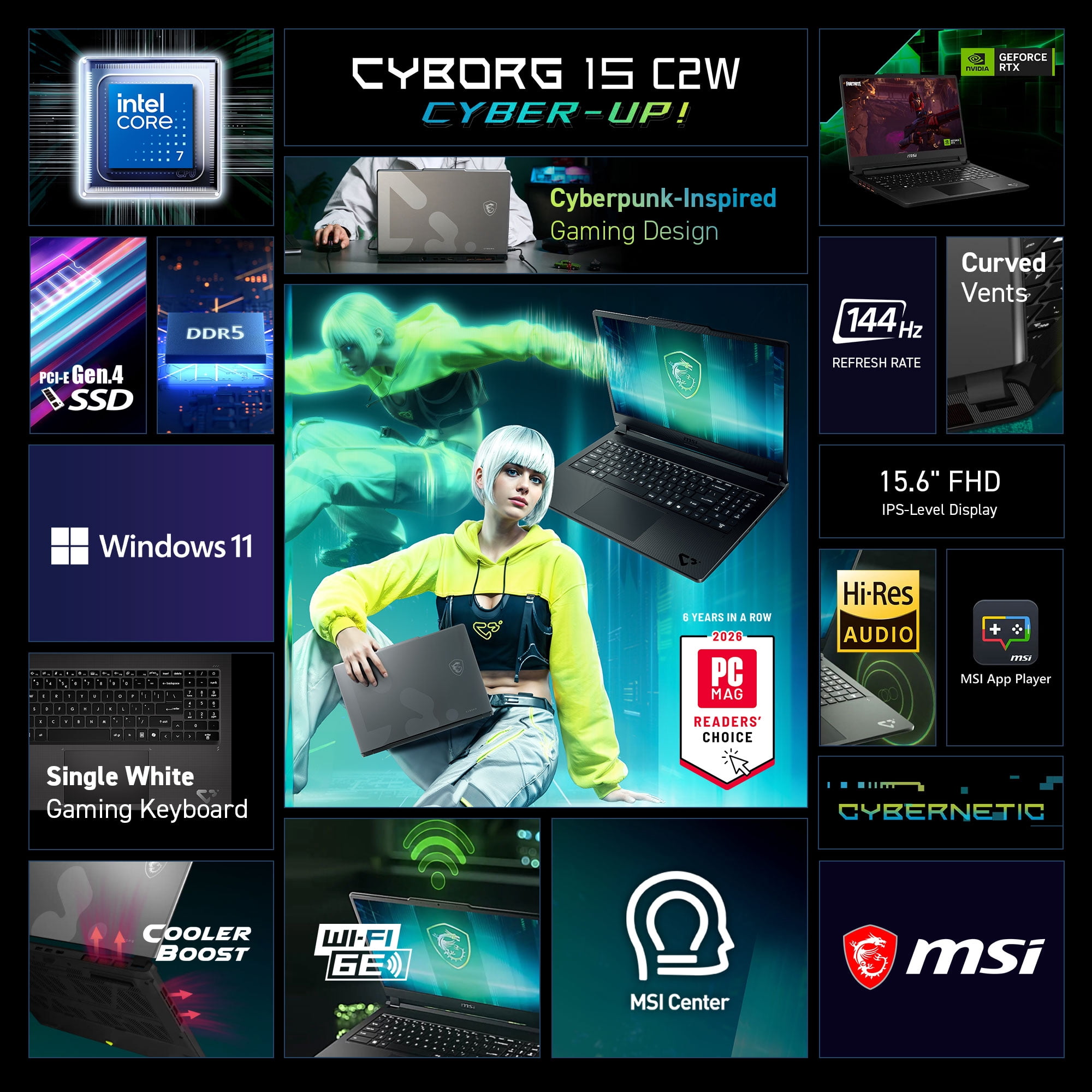 MSI Cyborg 15.6" 144Hz Gaming Laptop, Intel Core 7 240H, NVIDIA GeForce RTX 5060, 16GB RAM, 1TB SSD (2026)