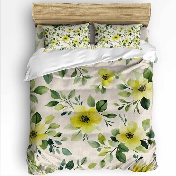 Spring Yellow Flowers King Size Comforter Set, Vintage Floral Plant Leaf Retro Soft Bedding for All Seasons, 4 Pcs Bed Set with 1Comforter (90"x106") ,1 Sheet(94"x116"), 2 Pillowcases (19"x35")