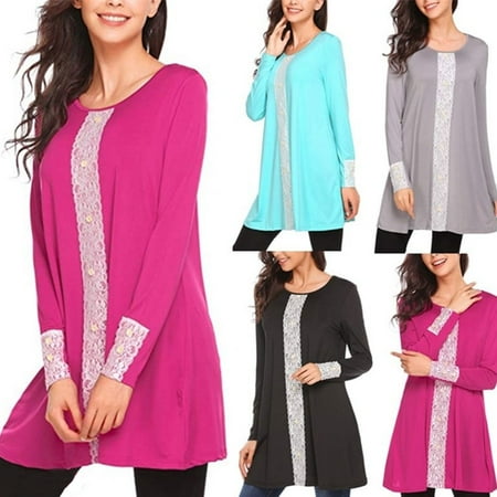 Clothing Sizes Women's Fashion Sexy Womens Clothing Round Neck Long Sleeve Lace Button Loose Casual Plus Size Cotton T-shirt ()