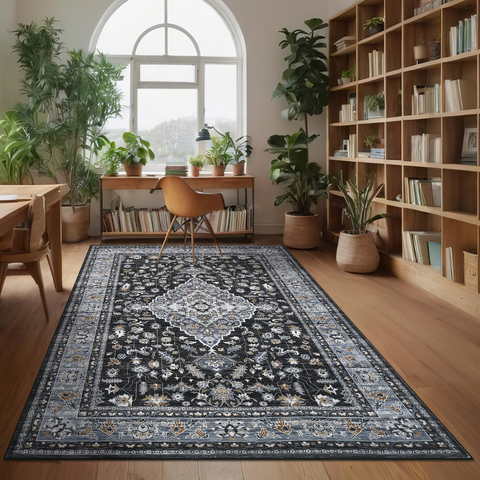 Garvee Vintage Floral Print Area Rug, 8'x10' Washable Rug Stain Resistant Indoor Carpet Non-Slip Low Pile Floor Rugs for Living Room Bedroom Dining Room, Black