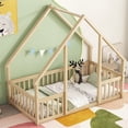 thumbnail image 3 of Twin Floor Bed, Wooden Montessori Bed Frame with Roof and Fence Guardrails, Natural, 3 of 7