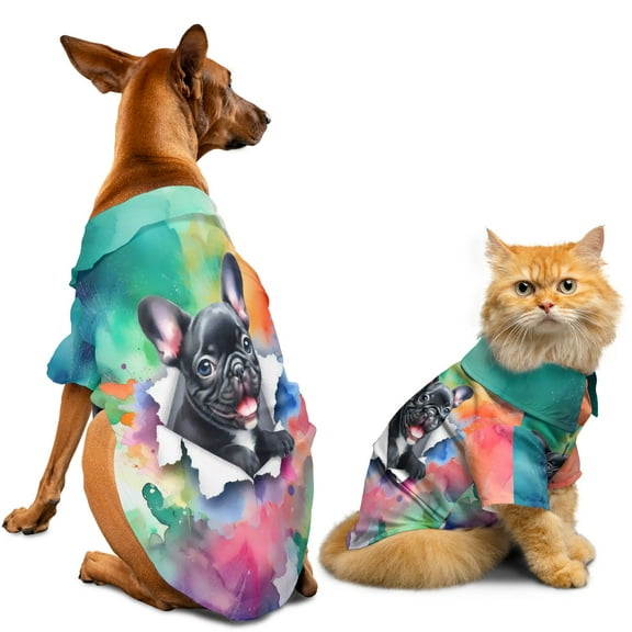 Funny Watercolor Adorable French Bulldog Peeking Through Torn Paper Effect Hawaiian Summer Shirt for Small Medium Large Dog Cat Dog Lover Gifts - 00026
