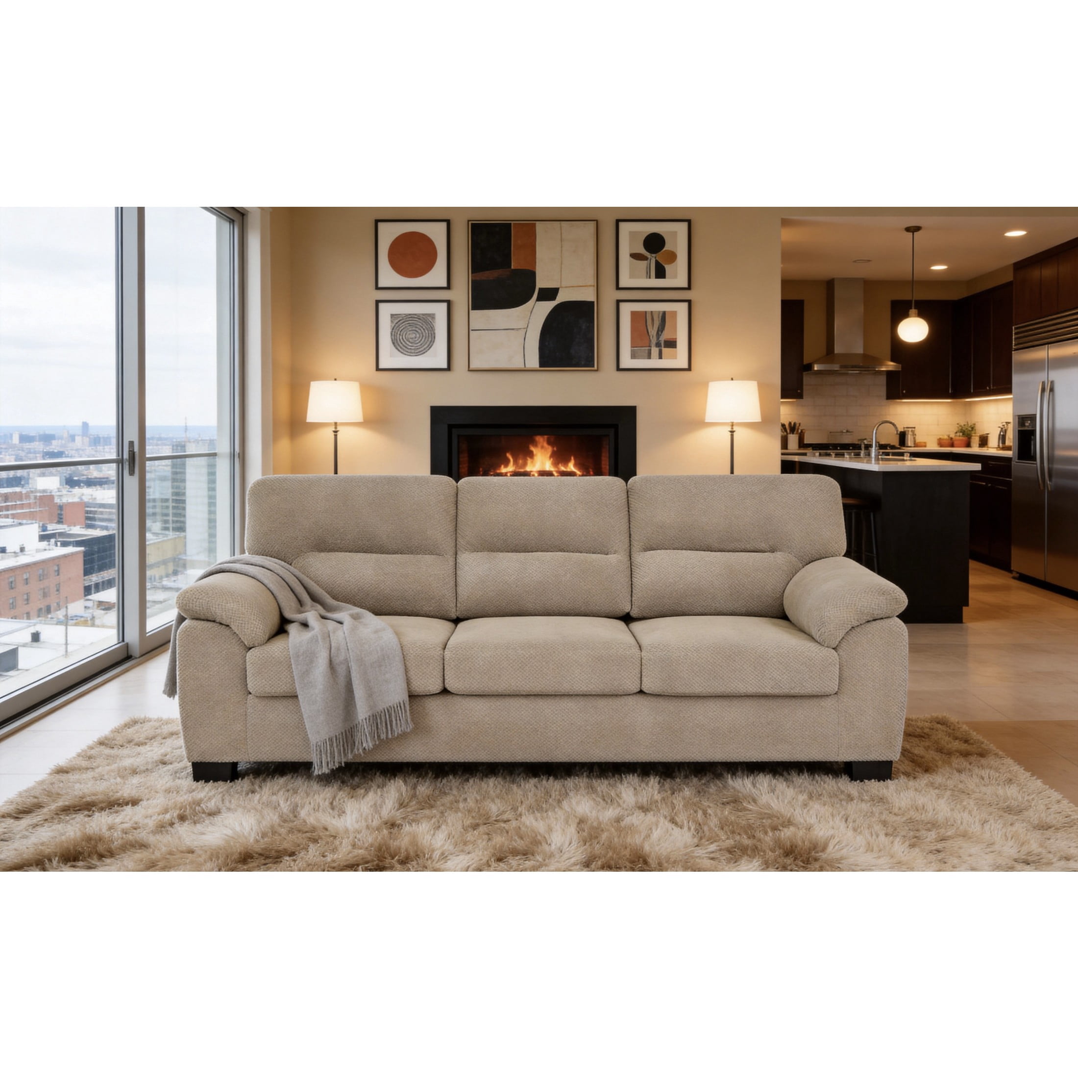 Noble House 81" Modern 3-Seater Sofa, Textured Polyester Upholstery, Pillow Top Arms, Camel