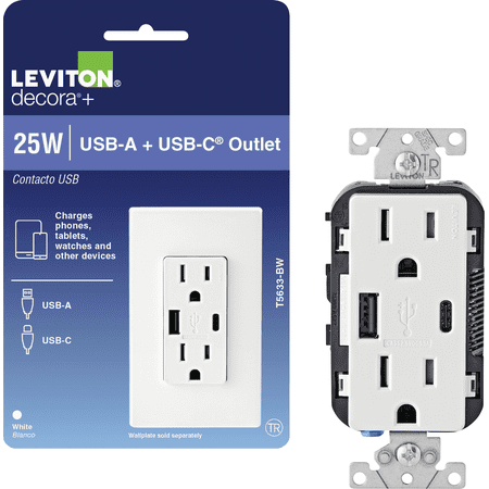Leviton Decora Type A/Type C USB Charging Outlet - Pack of 8 — Indoor & Outdoor Use, NEC-Compliant