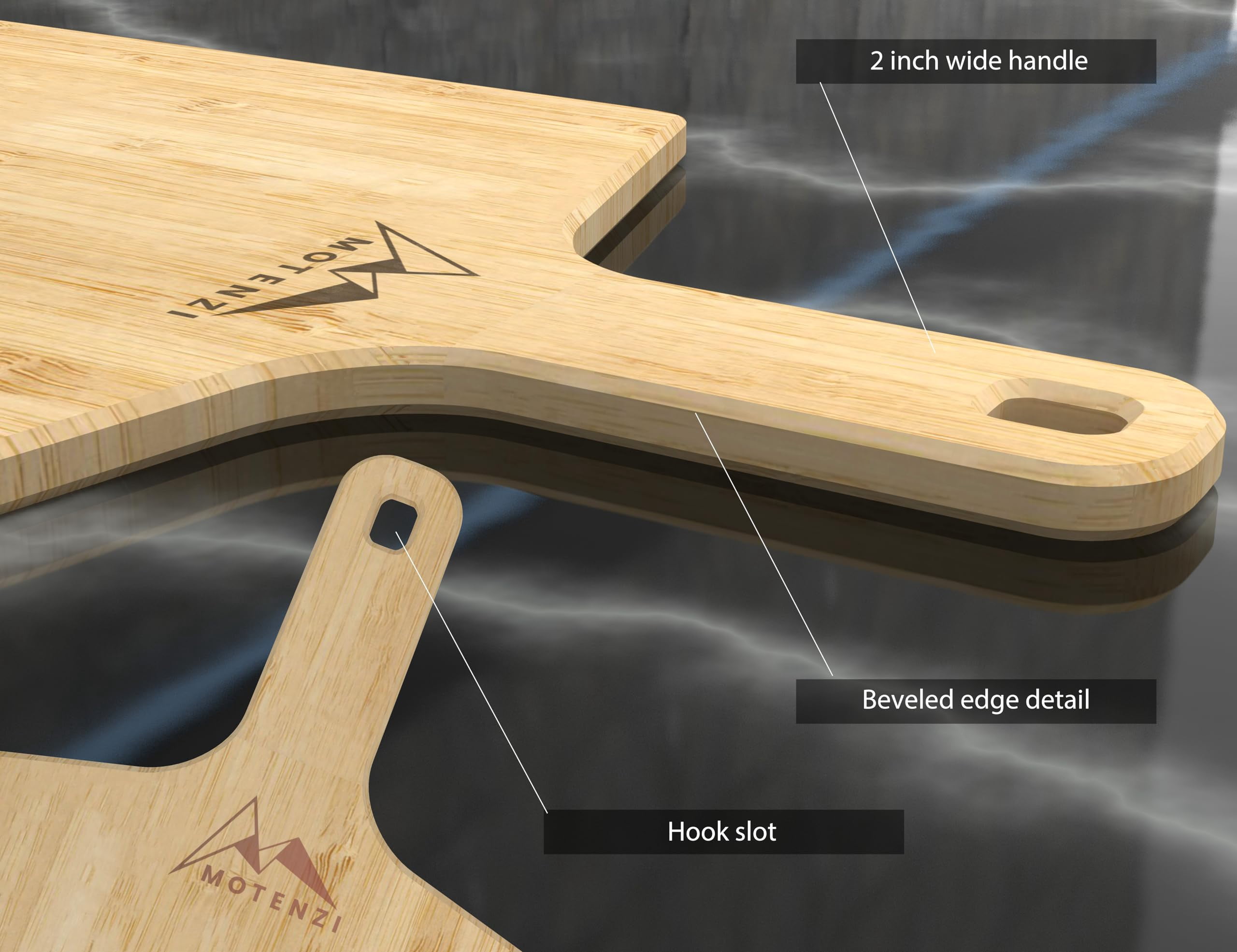 MOTENZI Bamboo Pizza Peel With Cutter and Server, Bamboo Pizza Board Wooden Pizza Paddle Spatula Oven Accessory for Baking Homemade Pizza, Wood Cutting Board for Cheese Bread Fruit Vegetables