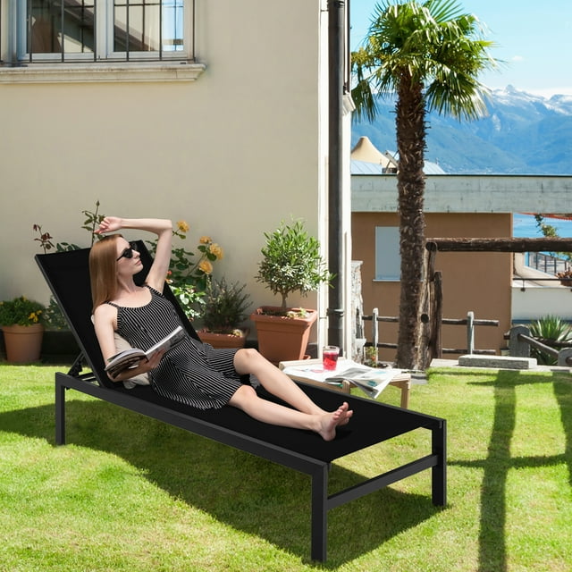 Costway Chaise Longue de Patio à 6 Positions en Aluminium, Fauteuil Inclinable Réglable, Noir