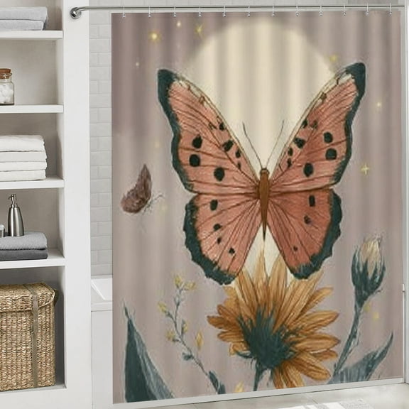 Christmas Shower Curtain, Pink Butterfly Shower Curtain with Hooks for Christmas Home Bathroom Decor Washable Curtains, 72x72 in