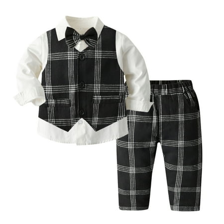 

Boys Outfits Plaid Printed Long Sleeve T Shirt Vest Coat Pants Gentleman Kids Children Spring Summer Fashion Leisure Cute Sleepwear Streetwear Sets