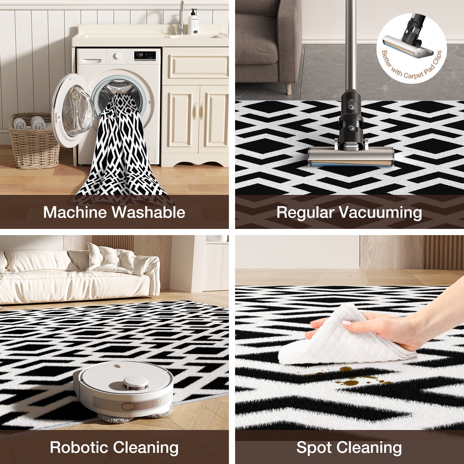 Curtilage 4'x6' Washable Area Rugs for Living Room, Non-Slip Diamond Geometry Indoor Rugs, Soft Low Pile Stain Resistant Carpet for Entryway, Nursery