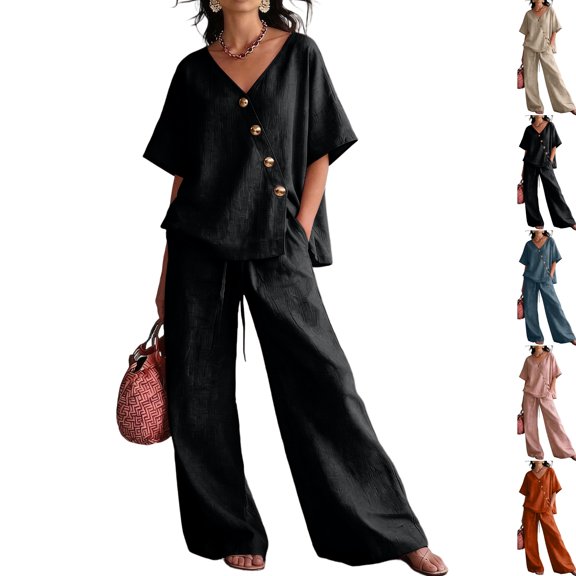 Women's 2 Piece Cotton Linen Set, V-Neck Short Sleeve Button Top & Drawstring Wide Leg Pants, Casual Summer Loungewear Outfit with Pockets, Loose Fit,Black,L
