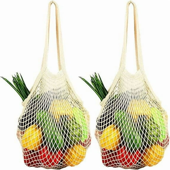 RUseeN 2 Pack Premium Mesh Grocery Bags, Reusable Produce Bags, Long Handle Net Tote Bags, 100% Cotton String Bags, Fruit and Vegetable Bags, Beige (Portable/Washable/Durable)