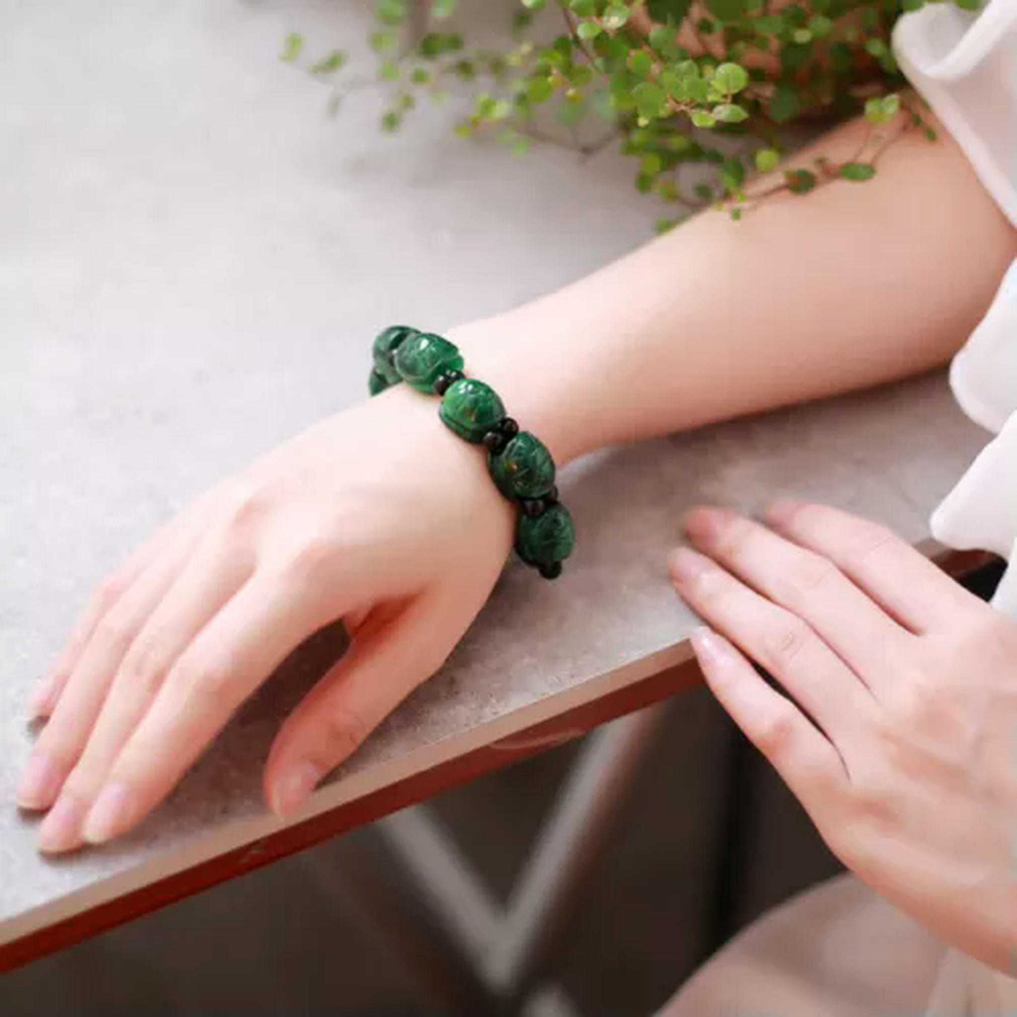 EOEMY Natural Jade Jadeite Bangle Women Lucky Green Turtle Shell Beaded Bracelet