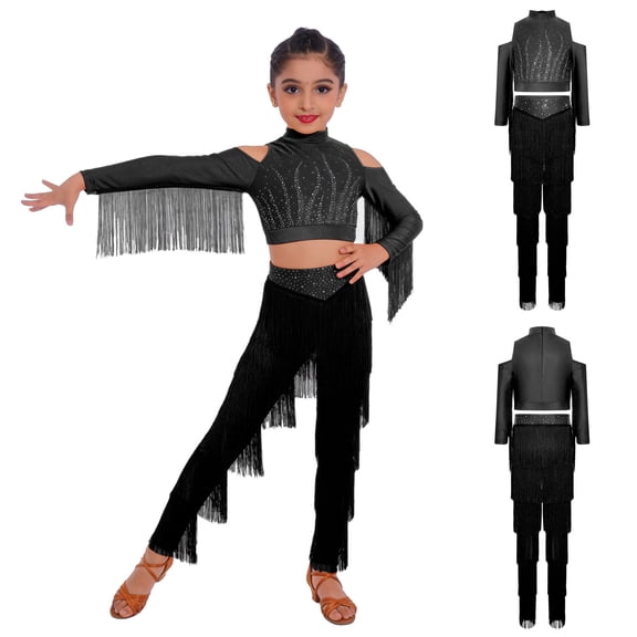 Aislor Girls Latin Jazz Modern Salsa Ballroom Dance Outfits Tassel Crop Tops with Fringe Pants Set Dancewear Black 6