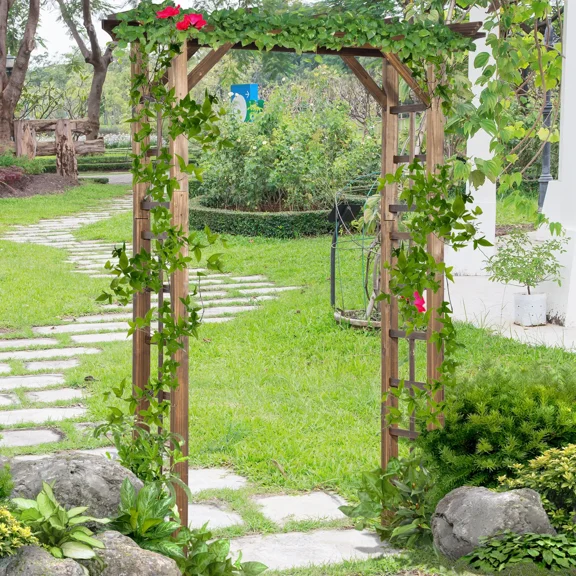 Outdoor garden arched pergola, 7-foot wooden steel garden pavilion, with cedar wood and side panels, suitable for wedding ceremonies and gardens.