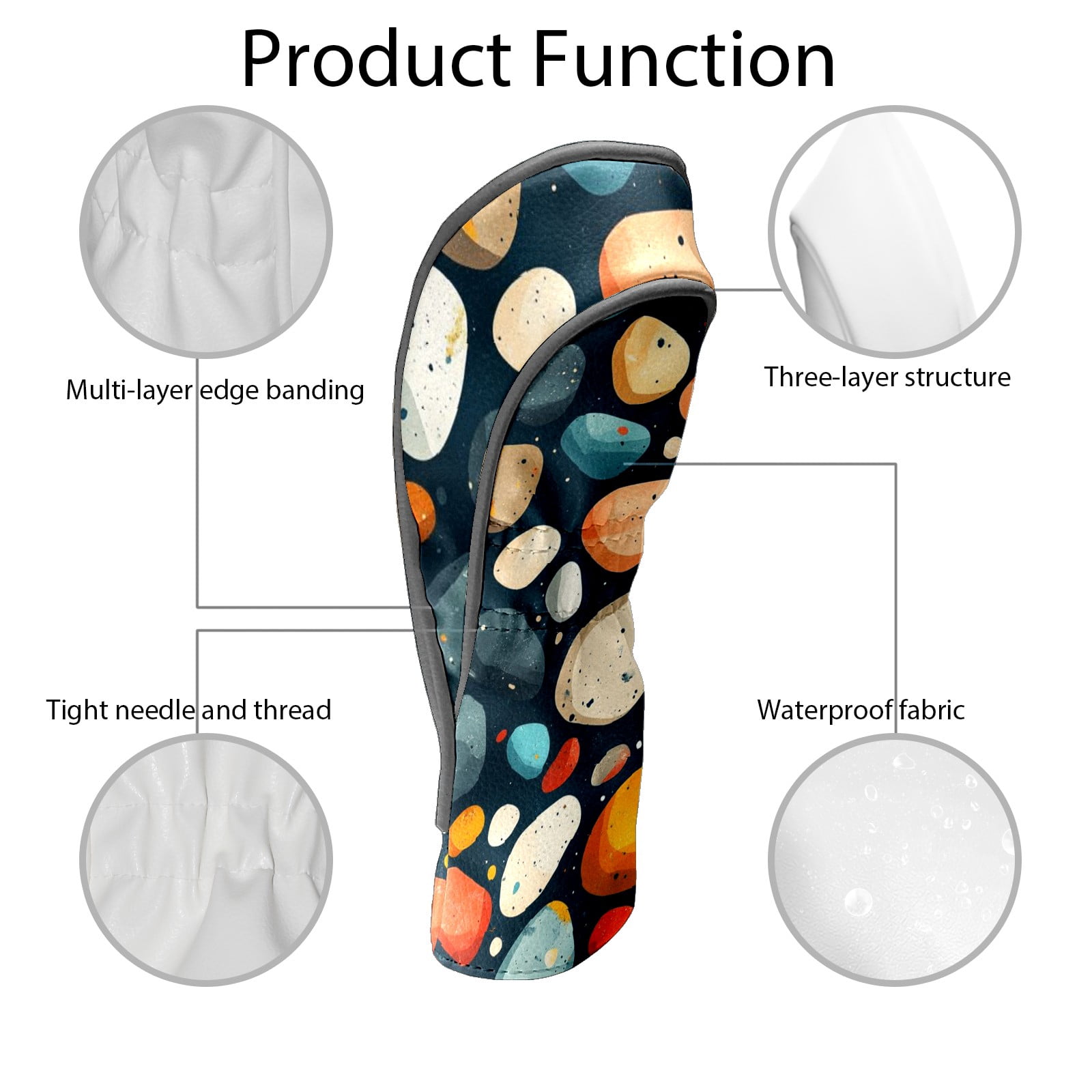 Golf Head Covers Colorful Stone Pattern for Driver, Wood & Hybrid, Premium Waterproof PU Leather with Plush Lining, Unique Abstract Golf Gifts