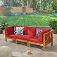 thumbnail image 2 of GDF Studio Keith Outdoor Acacia Wood 3 Seater Sofa with Cushions, Teak and Red, 2 of 12