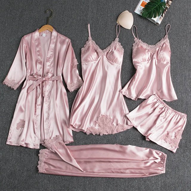 Conjunto de ropa de casa fina de manga larga de seda helada para mujer, ropa de dormir Sexy con cuello en V, bata de baño de talla grande incluida, conjunto de cinco piezas