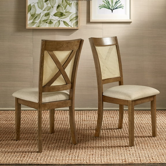 Weston Home Pulukan Cane x-Back Dining Chair (Set of 2), Oak Finish, Beige Linen