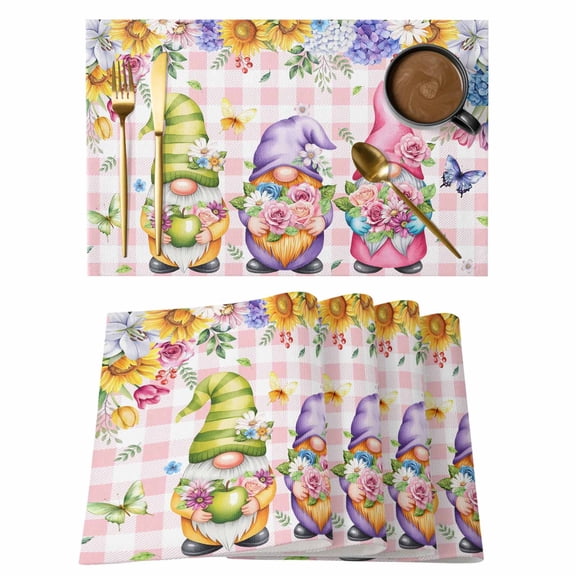 Watercolor Gnomes Floral Placemats Set of 12, Spring Butterflies Flowers Pink Plaid Placemats for Dining Table, Place Mats for Kitchen Tabletop, Waterproof Wipeable Dining Table Mats Set