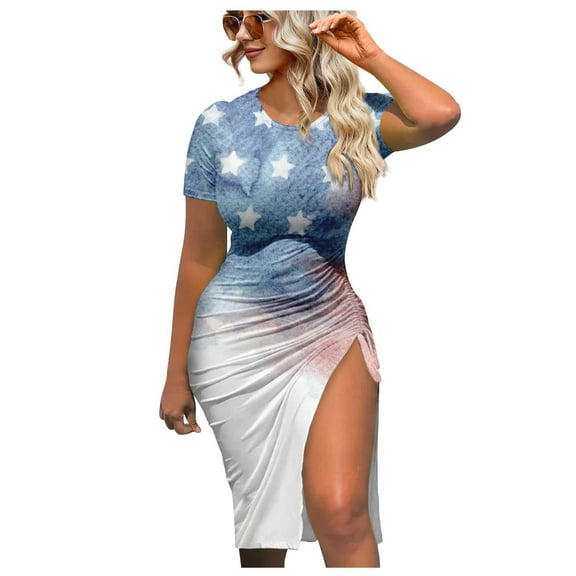Wycnly Womens Dresses for 4th of July Independence Day Patriotic Party Sexy Slit Drawstring Bodycon Midi Dresses Short Sleeve Crewneck Star Print Knee-Length 2024 Summer Casual Dress Light Blue xl