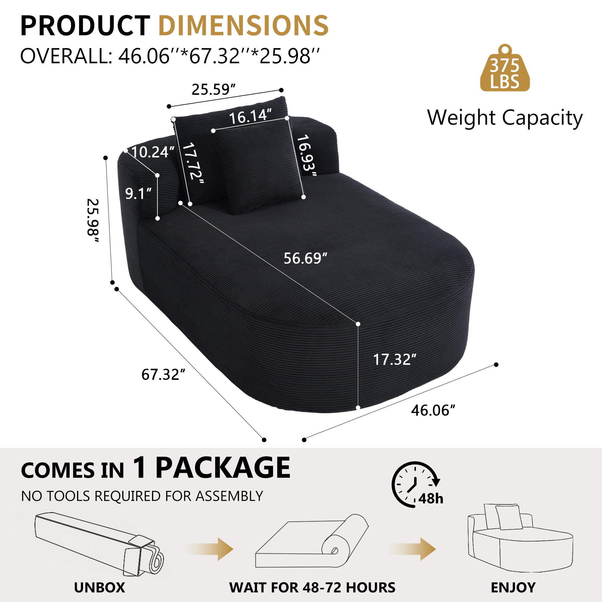 Sleeper Sofa, Chaise Lounge Chair, Oversized Convertible Sofa Bed with Deep Plush Corduroy Seat, No Assembly Required, for Living Room Lounging, Black