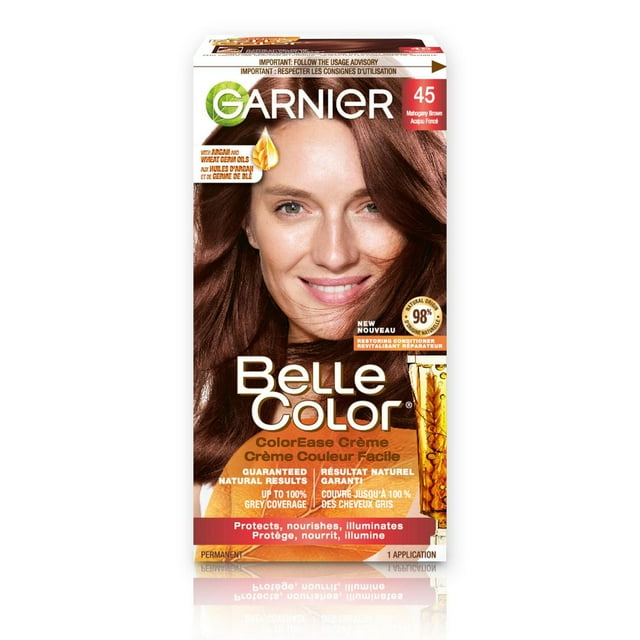 Garnier Belle Color Permanent Hair Dye,45 Mahogany Brown, 100% Grey Coverage, Enriched with Argan Oil and Wheat Germ Oils - 1 Application