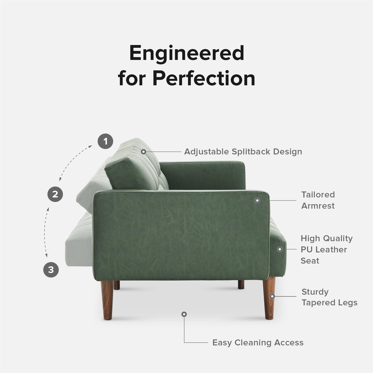 Mopio Aaron Futon Convertible Sofa Sleeper Futon with Arms Split Back Design 77.5" Sage Green Faux Leather