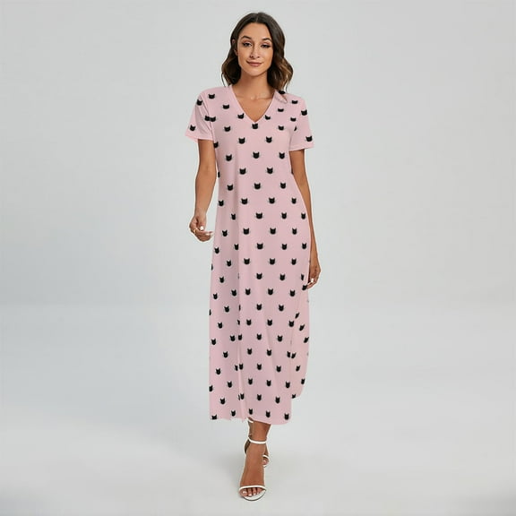 Black And Pink Cat Pattern Printed Short Sleeve Maxi Dress, Pet Cat Fashion Summer Maxi Dress For Women