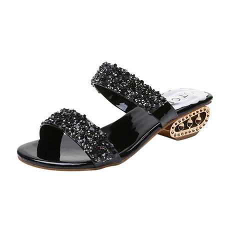

sandals for Women Fashion Summer Women Sandals Thick Heel Low Heel Double Strap Shiny Sequins Sexy PU Dress Sandals for Women Black