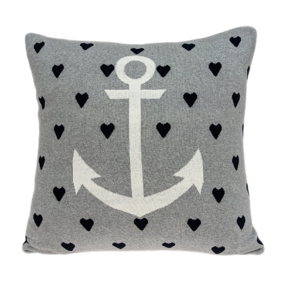 Nassau Collection Knitted Anchor and Hearts Cotton Throw Pillow - 20" - Grey and Blue