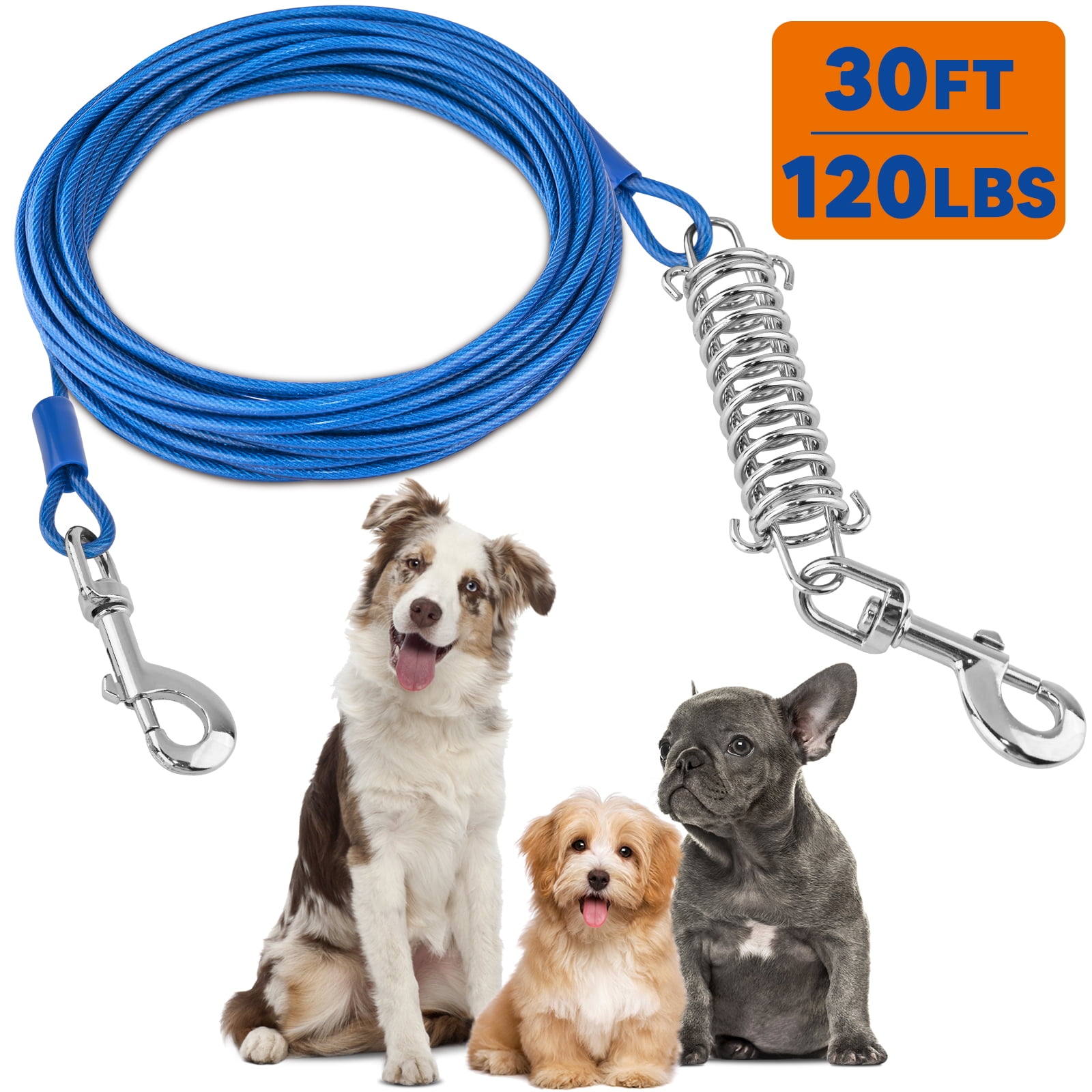 Heavy Duty Rotatable Hook for Yard and Camping Outdoor Training Leash for Dogs Up to 250lbs Anti-rust Dog Chains for Outside Extra Durable Dog Tie Out Cable with Shock Absorbing Spring 30ft 