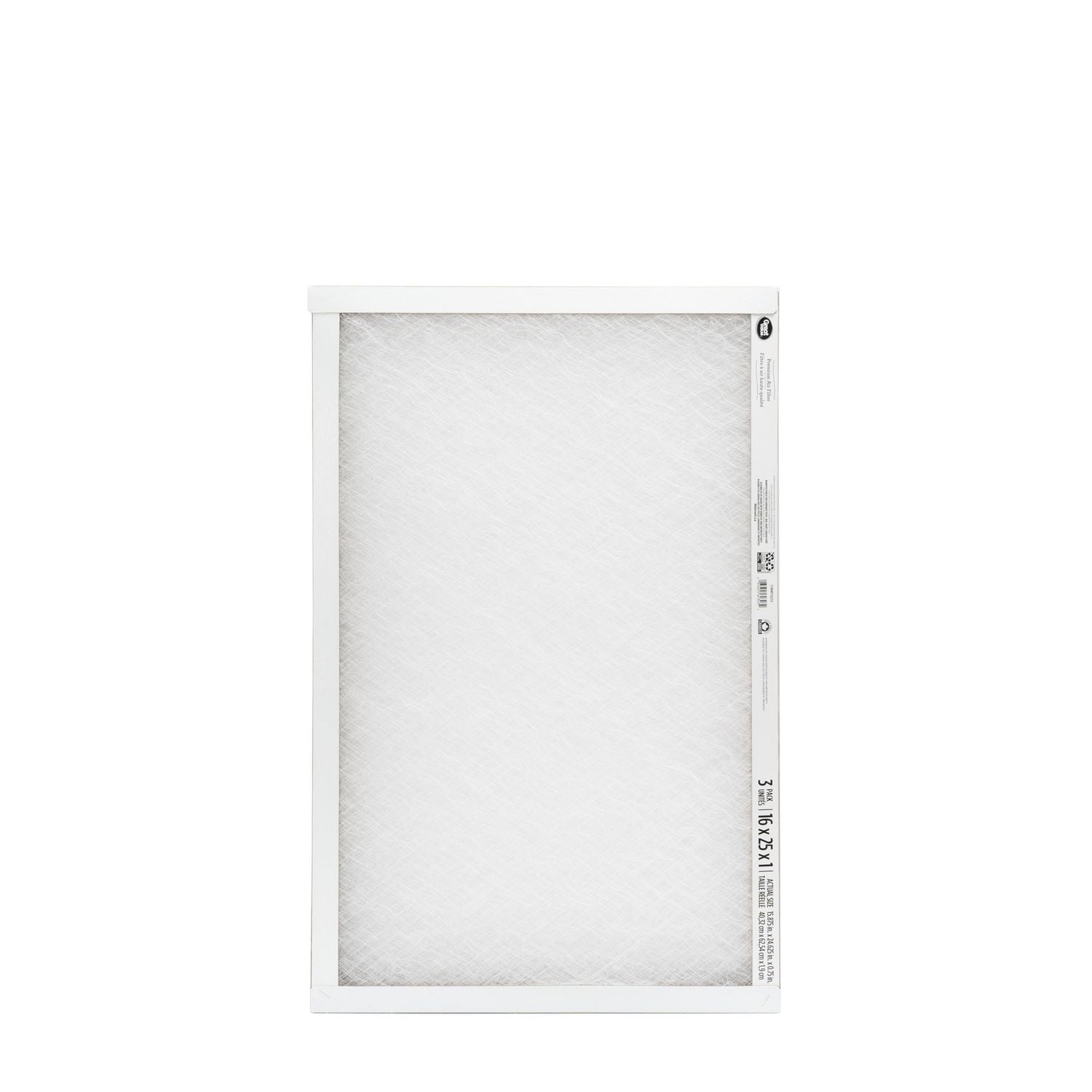 Filtre à air en fibre de verre 16 x 25 x 1 Great Value MERV 2 Filtre à air en fibre de verre 3PK