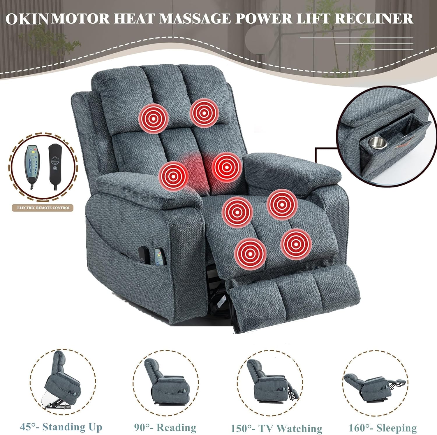 Power Lift Recliner Chairs for Elderly Big Man 400lbs, Oversized Lay Flat Recliner with Heat & Massage, Extended Footrest and Side Storage Cup Holder, USB Type C Charging for Adults Seniors
