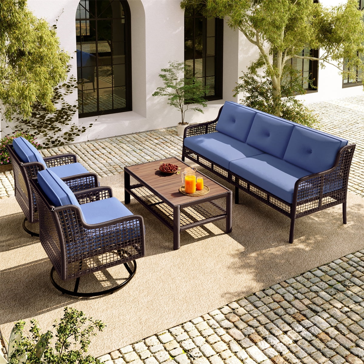 HighSound Patio Furniture Set, 5 Piece Outdoor Conversation Set with Rocking Swivel Chairs, Wicker Rattan Outdoor Sofa Set with Coffee Table for Backyard, Deck, Porch, Blue Cushions
