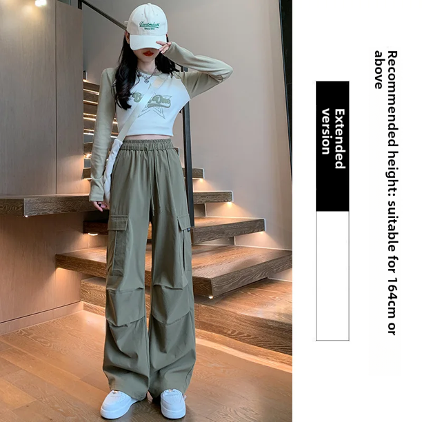 Pantalones cargo de mujer nuevos de primavera 2024, pantalones acampanados de estilo americano con bolsillos grandes, pantalones holgados, drapeados, de dos piezas, largos hasta el suelo