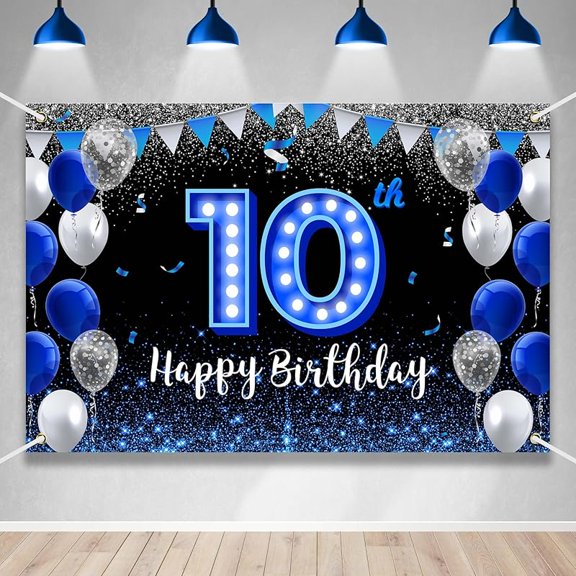 Lheaggik Large Happy 10th Birthday Backdrop Banner Blue Black Theme Decor With Blue Neon Light Shiny Fashion Birthday Party Photo Photography Prop Booth Background for Boys Girls Celebration 5X3FT